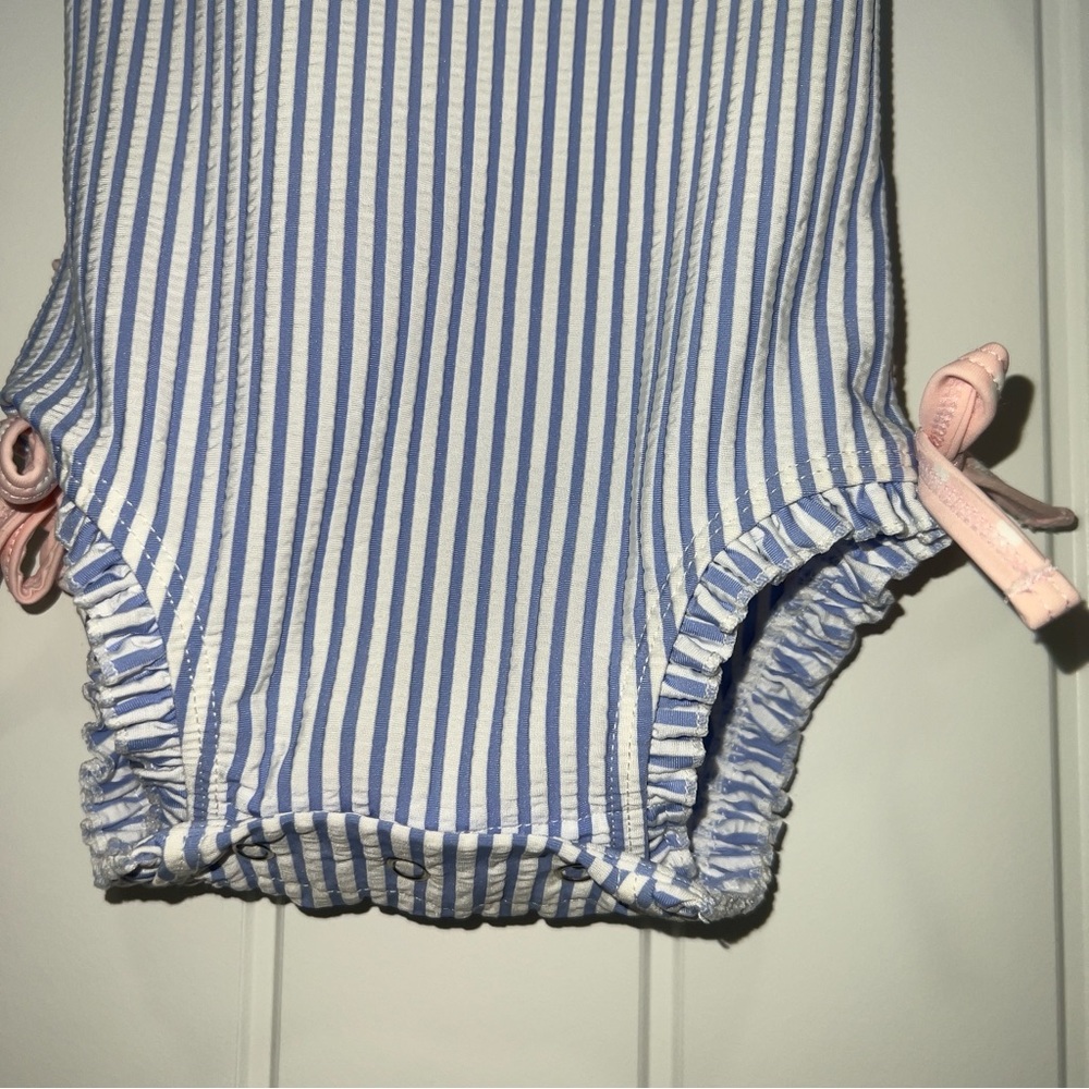 Ruffle Buffs Baby Blue Striped Rash Guard One-Piece Swimsuit Size 6-12 Months - Picture 2 of 5